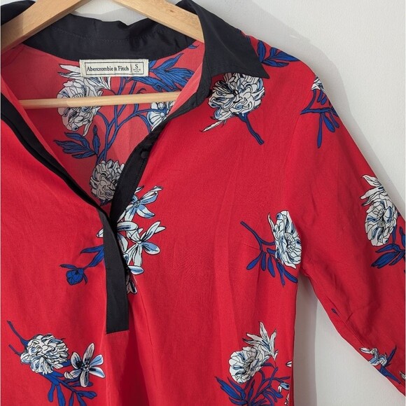 Abercrombie & Fitch Red Floral Split Neck Long Sleeve Tunic Mini Dress Size S - Picture 2 of 7